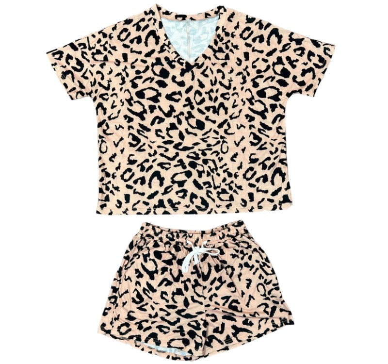 Women's Leopard Print Drawstring Top & Shorts Set