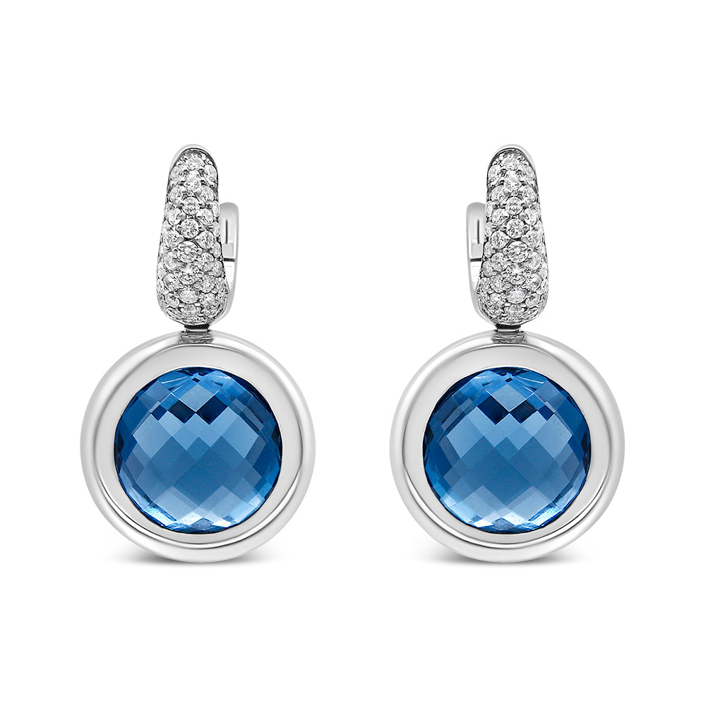 18K White Gold Bezel Set 11Mm Blue Topaz And 1/2 Cttw Invisible Set Diamond Bale Dangle Earrings (F-G Color, Vs1-Vs2 Clarity)