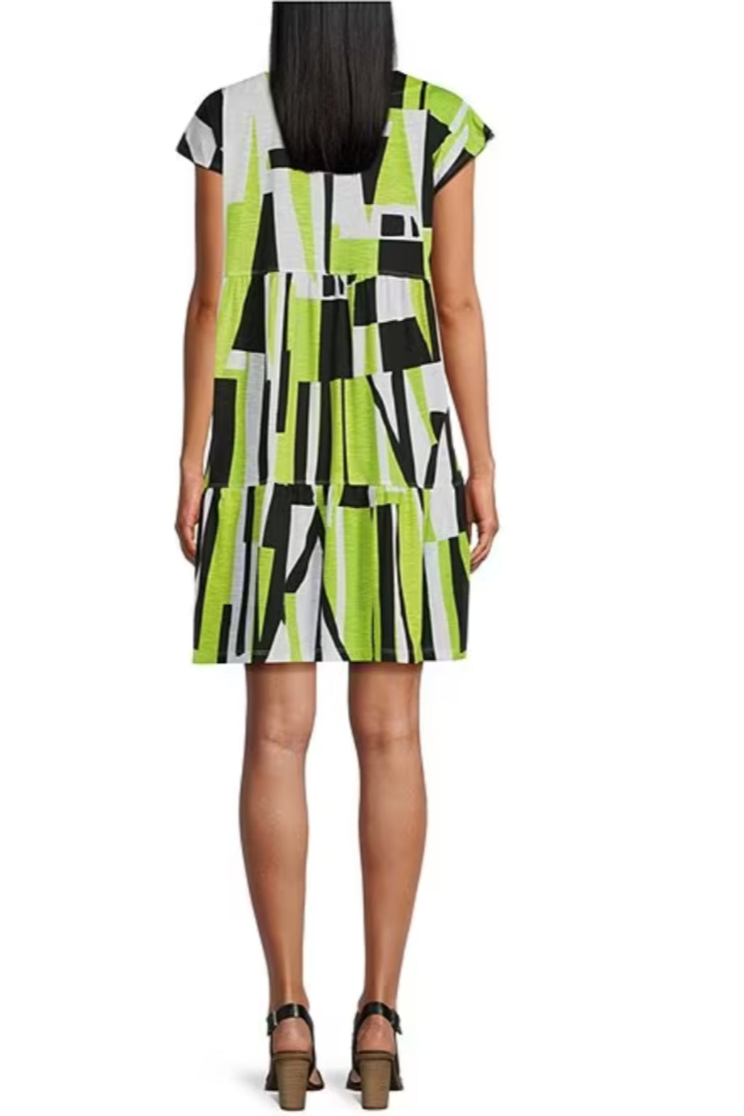 Abstract Print Slub Knit Notch Neck Cap Sleeve Tiered Dress