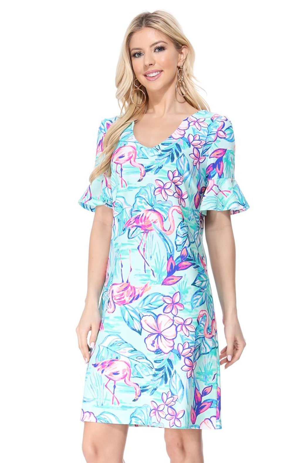 Aqua Ruffle Sleeve Dress