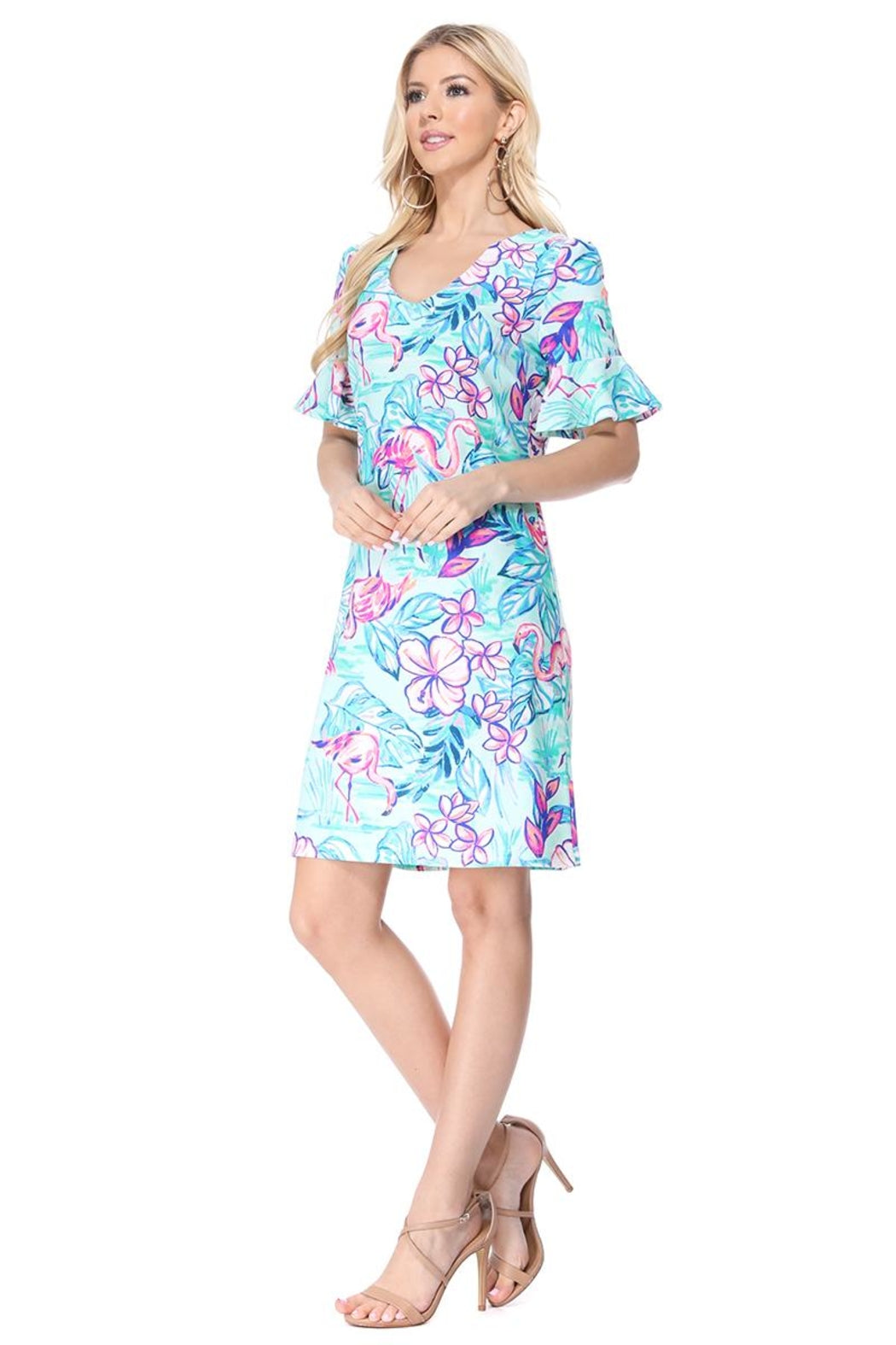 Aqua Ruffle Sleeve Dress