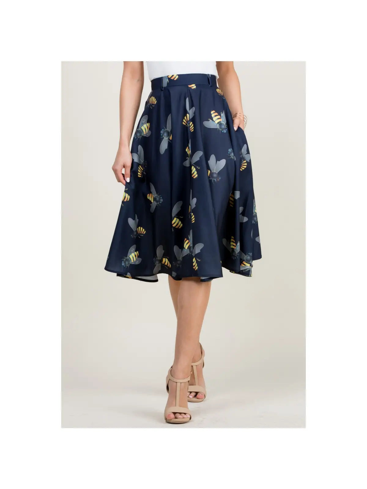 Bee Print Navy Swing Skirt