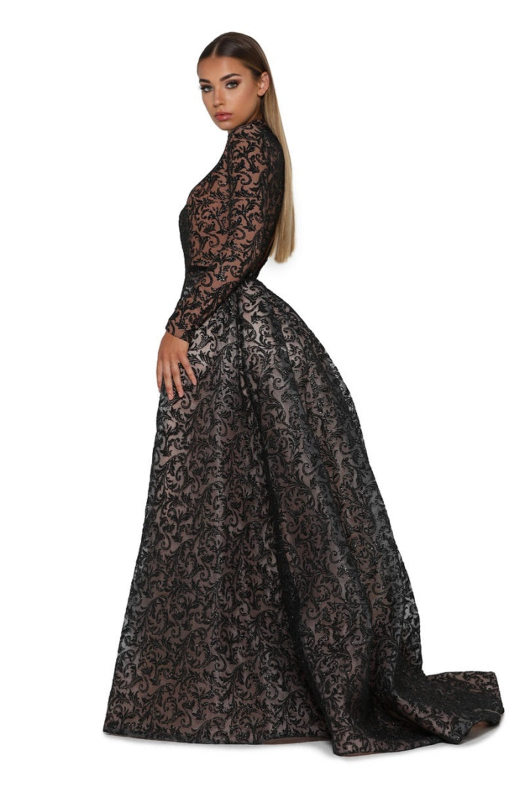 Black Long Sleeve Glitter Long Formal Dress With Detachable Train