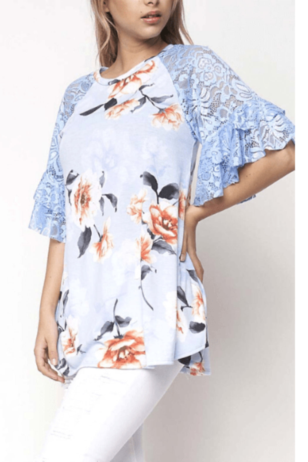 Blue Floral Lace Sleeve Top