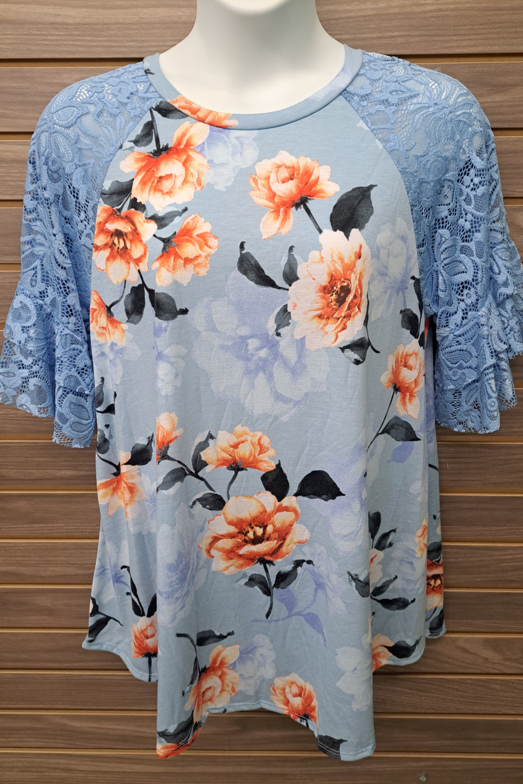 Blue Floral Lace Sleeve Top
