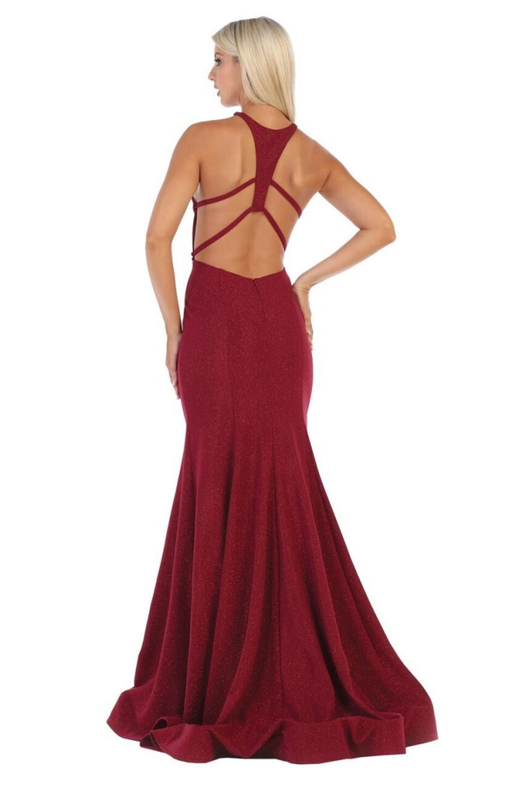 Burgundy Glitter Fit & Flare Formal Long Dress