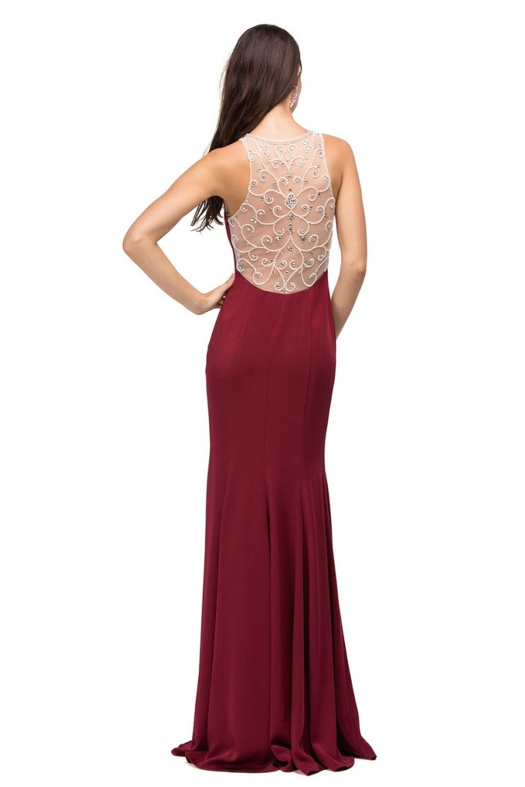 Burgundy Jeweled Halter Long Formal Dress