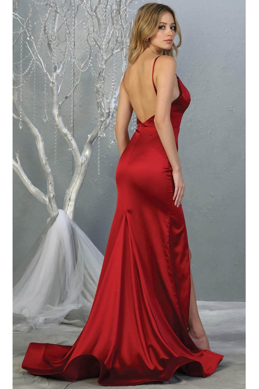 Burgundy Satin Sheath Long Formal Dress