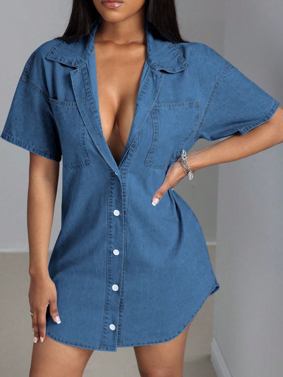 Button Down Collared Neck Denim Dress