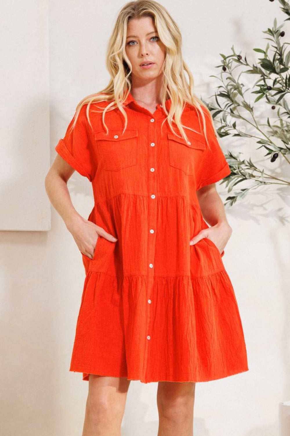 ODDI Full Size Button Front Tiered Shirt Dress