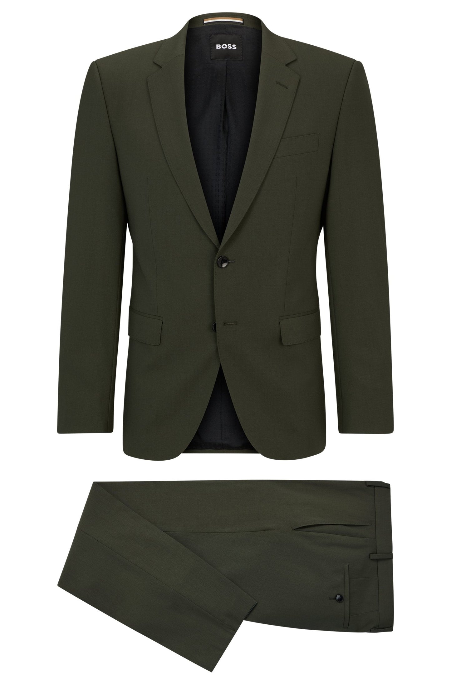 BOSS Slim Fit Suit in Wrinkle-Resistant Stretch Wool in Dark Green