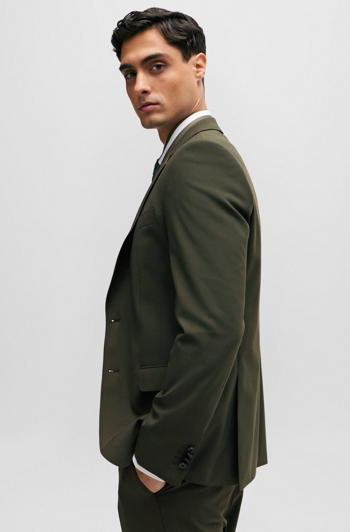 BOSS Slim Fit Suit in Wrinkle-Resistant Stretch Wool in Dark Green
