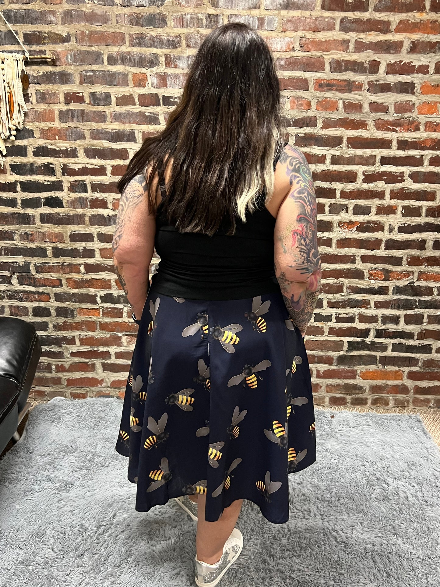 Bee Print Navy Swing Skirt