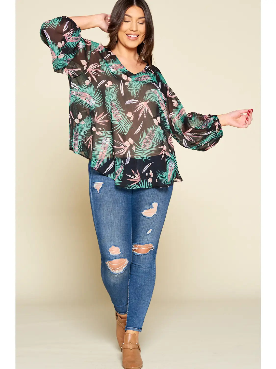 Tropical Leaf Chiffon Top