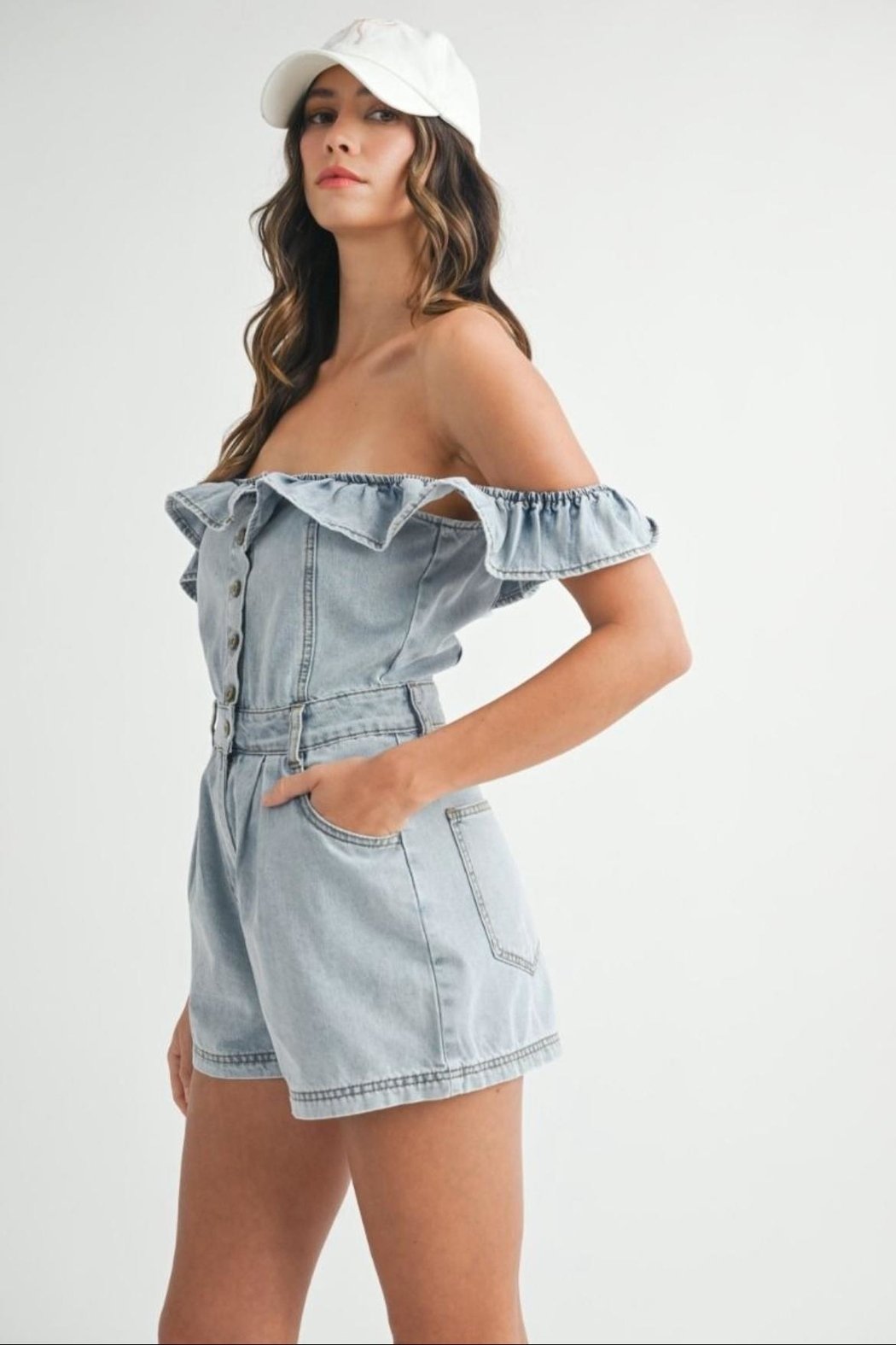 Off-Shoulder Denim Romper