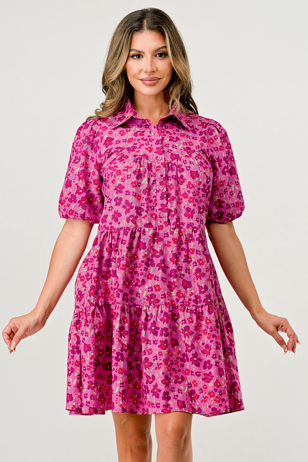 Balloon Sleeve Collar Button Front A-Line Dress
