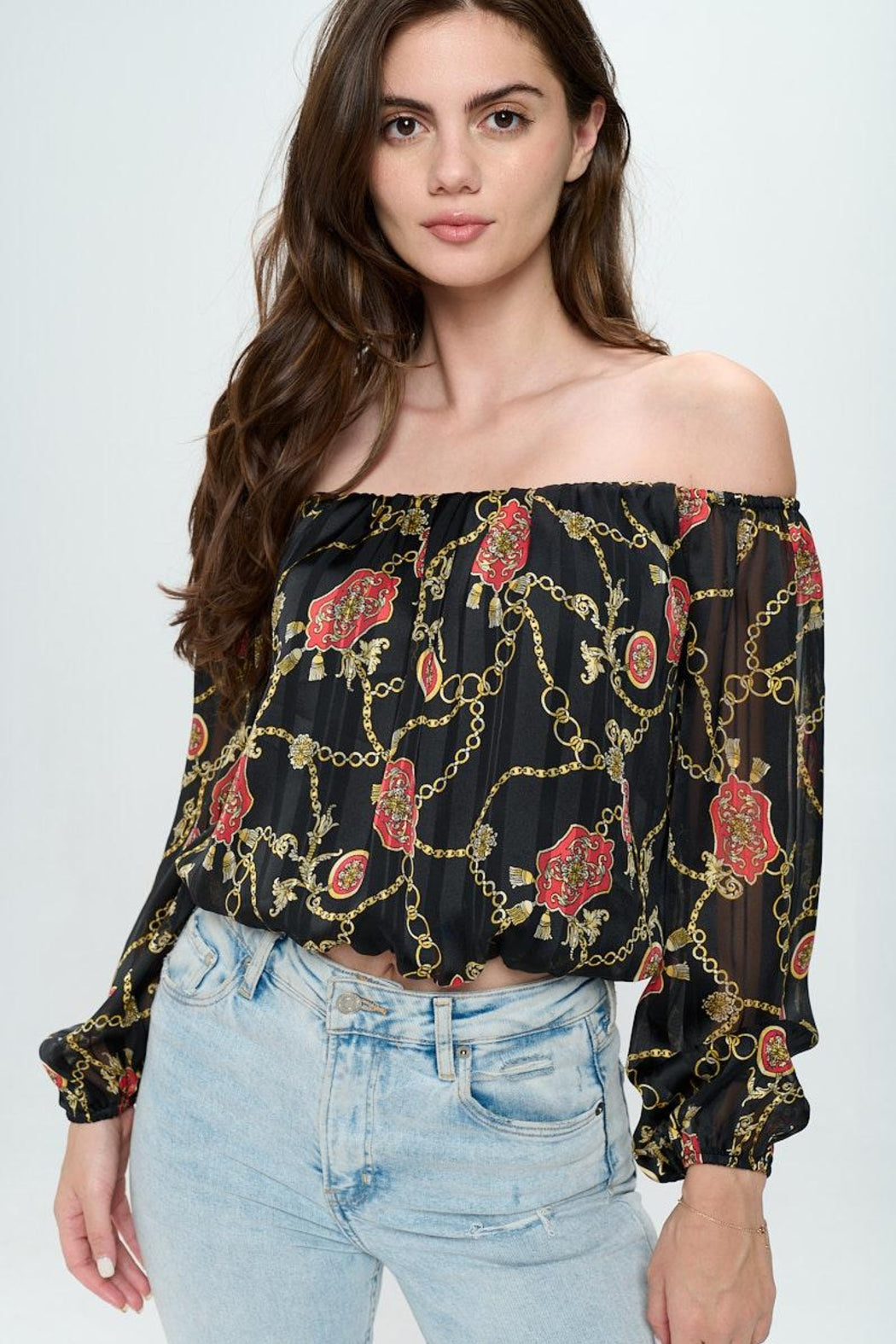 Off-Shoulder Long-Sleeve Chain Blouse