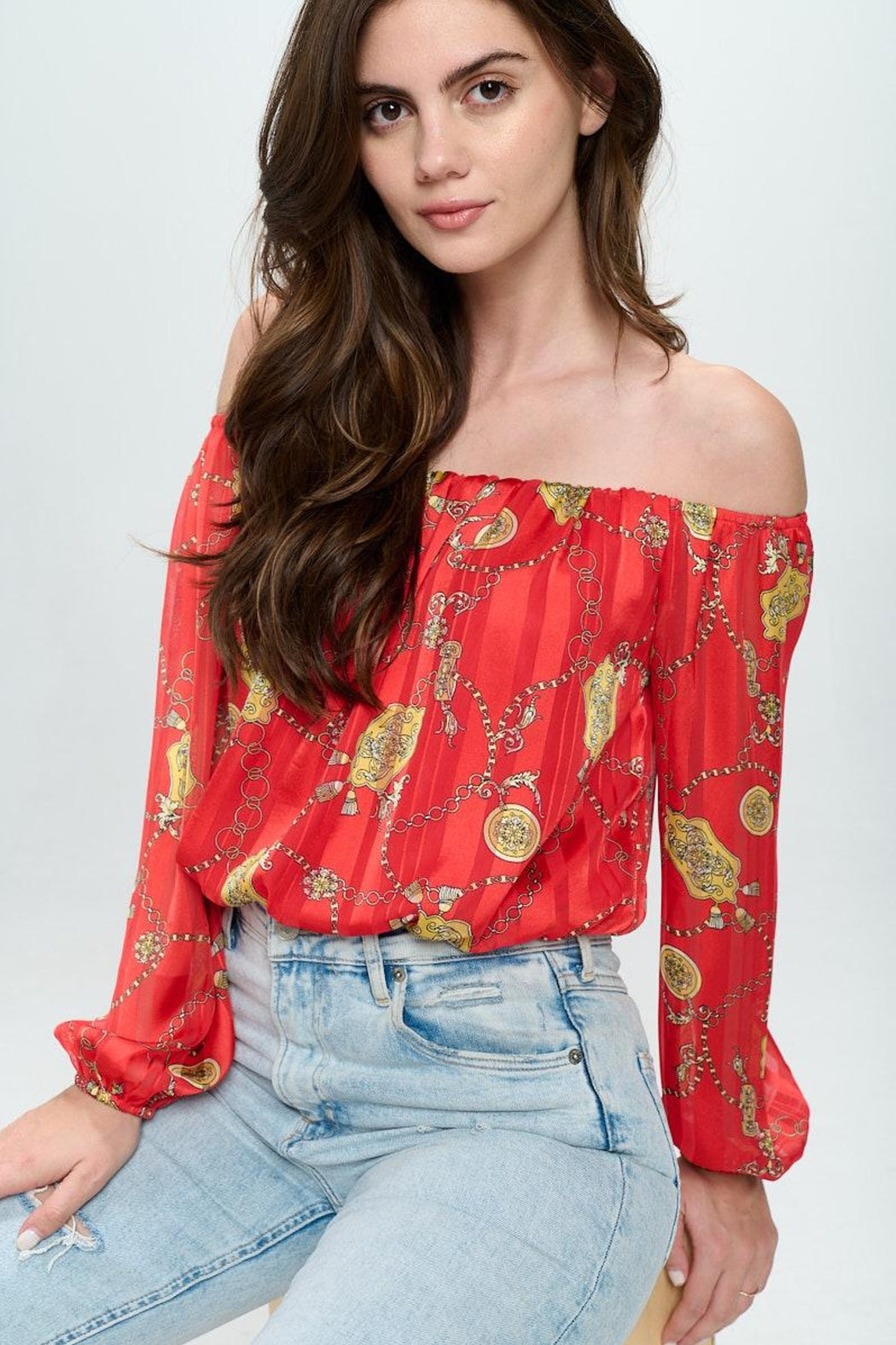 Off-Shoulder Long-Sleeve Chain Blouse
