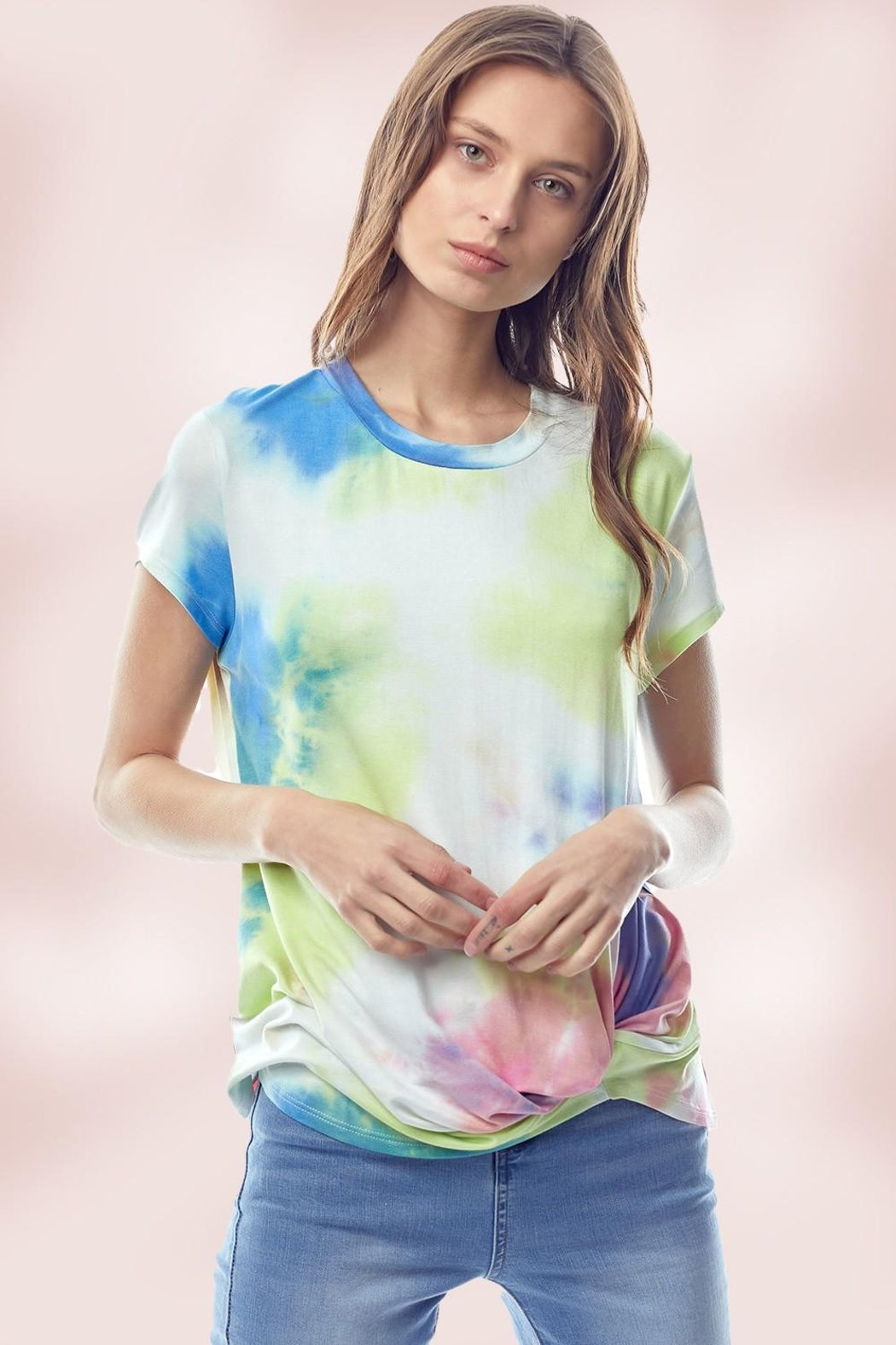 Tie Dye Jersey Top With Crew Neck Twist Hem
