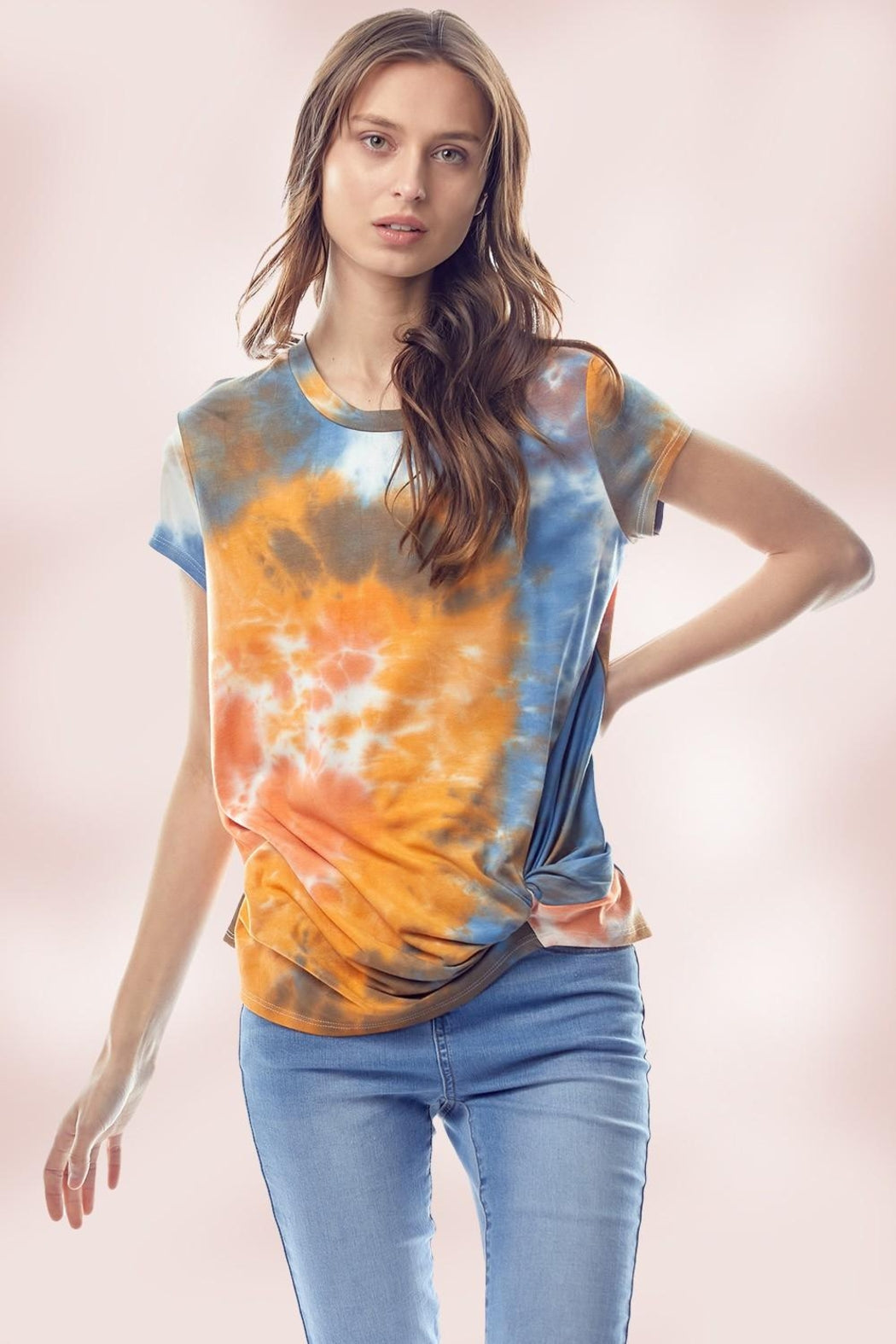 Tie Dye Jersey Top With Crew Neck Twist Hem