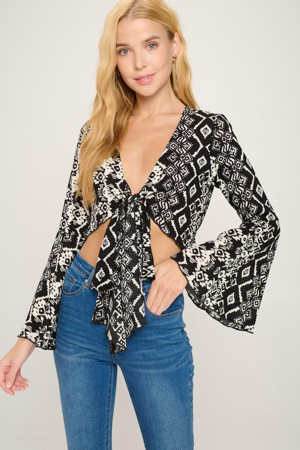 Tie Front Bell Sleeve Crop Cardigan Top