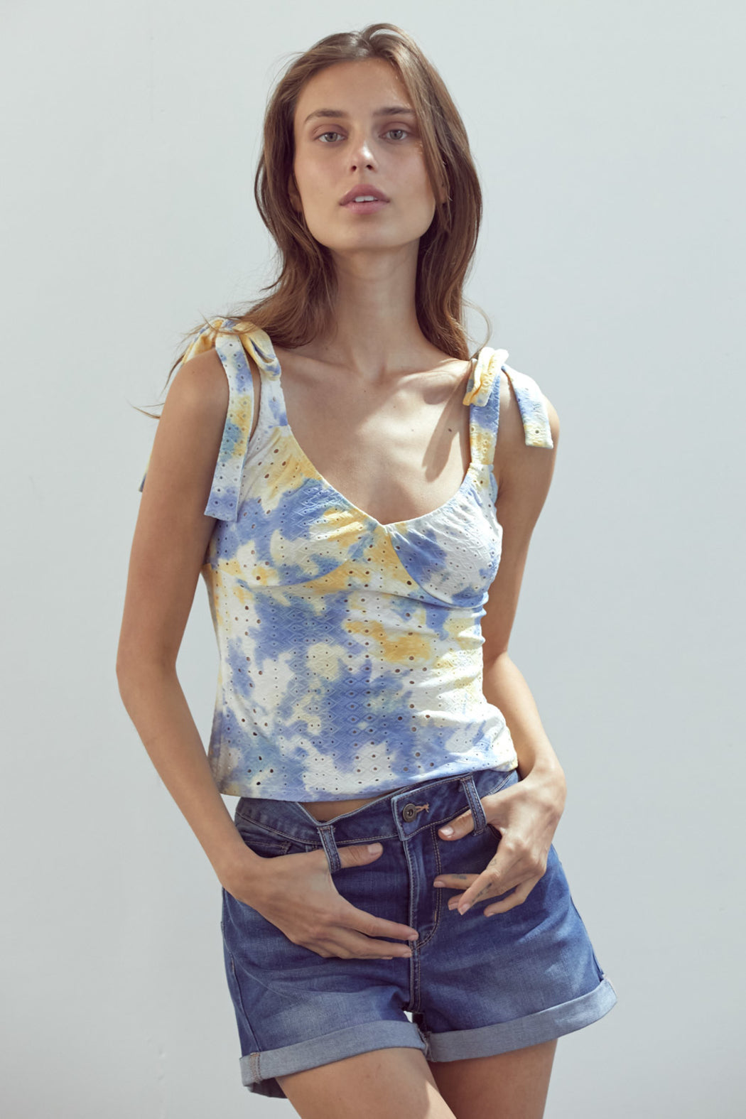 Tie Shoulder Bustier Style Cami Top Tie Dye Eyelet
