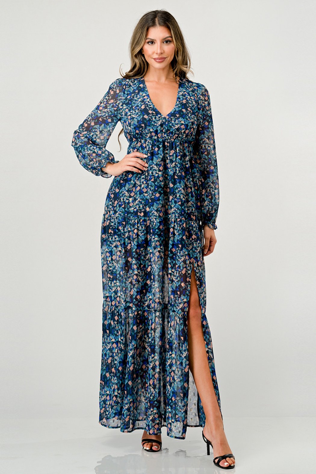 V Neck Long Sleeve Slit Front Tiered Maxi Dress