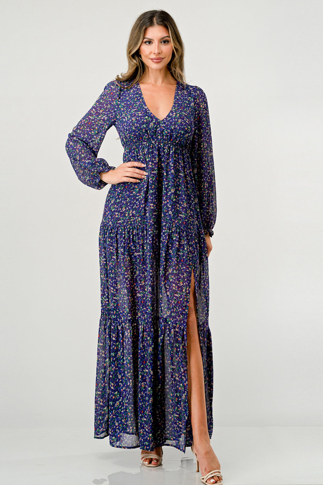 V Neck Long Sleeve Slit Front Tiered Maxi Dress