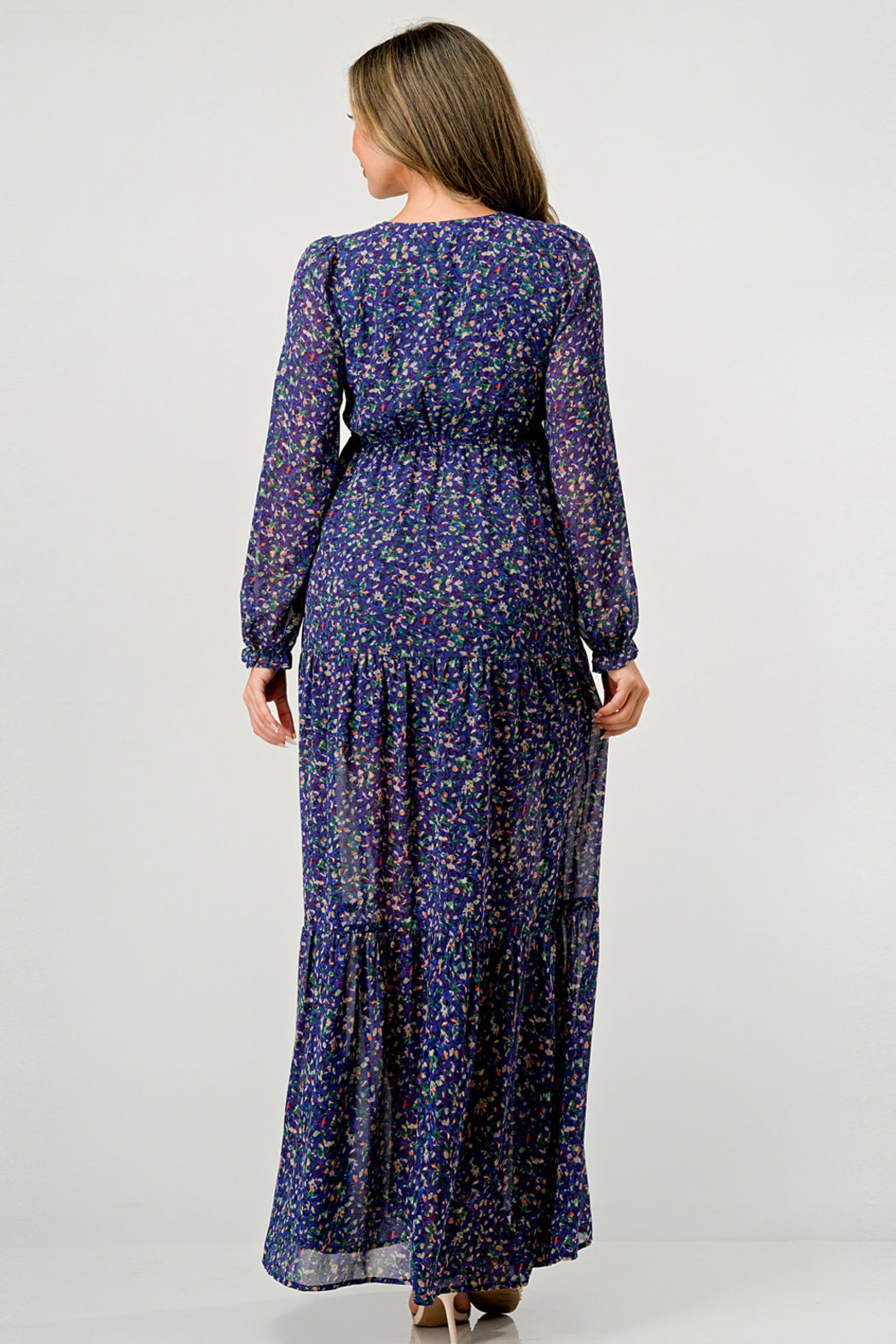 V Neck Long Sleeve Slit Front Tiered Maxi Dress