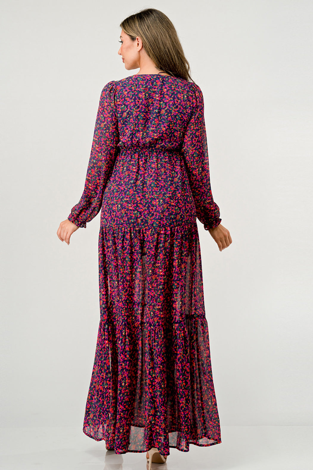 V Neck Long Sleeve Slit Front Tiered Maxi Dress
