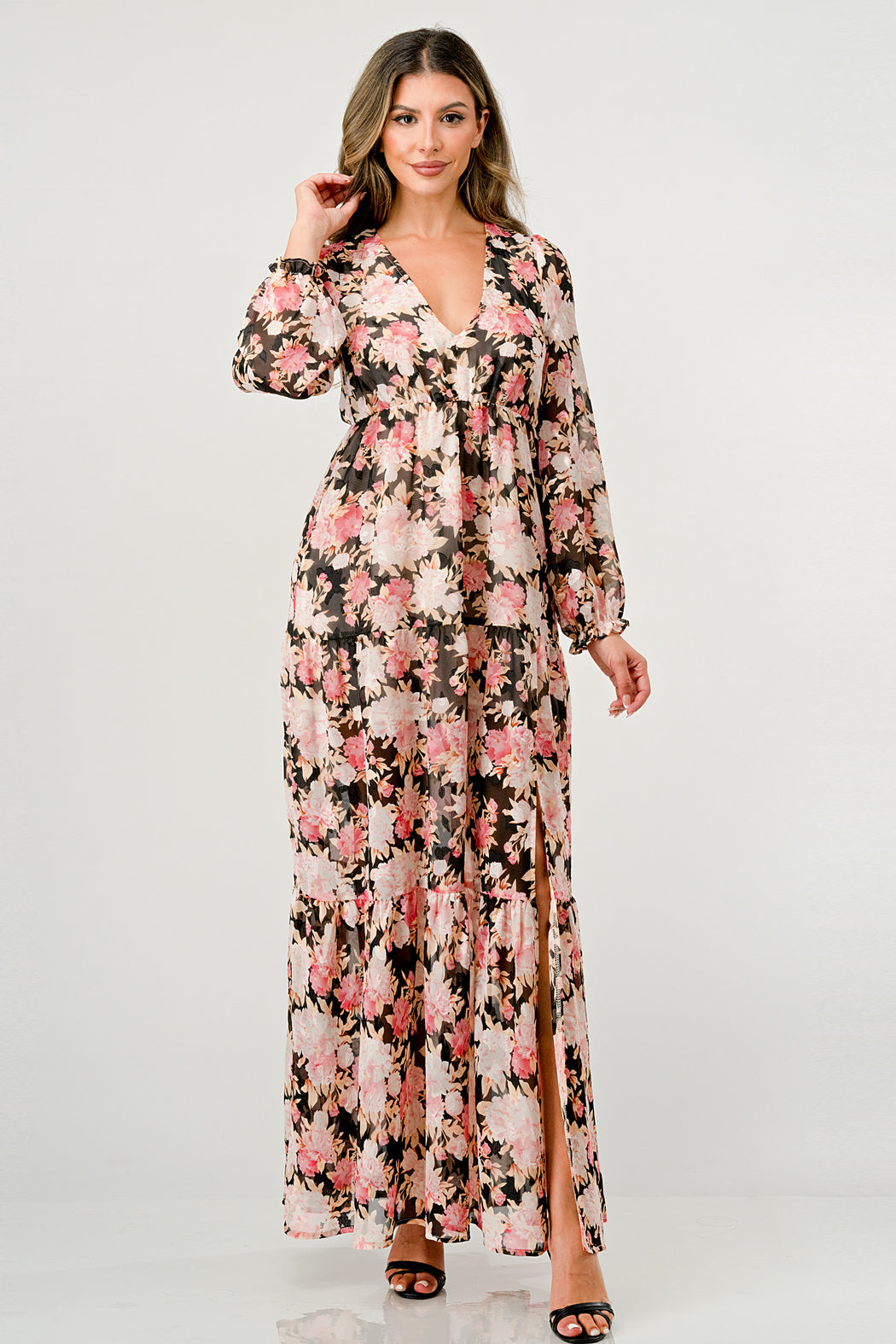 V Neck Long Sleeve Slit Front Tiered Maxi Dress