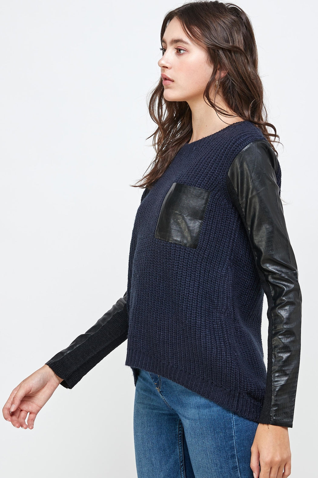 Vegan Leather Sweater High Low Top