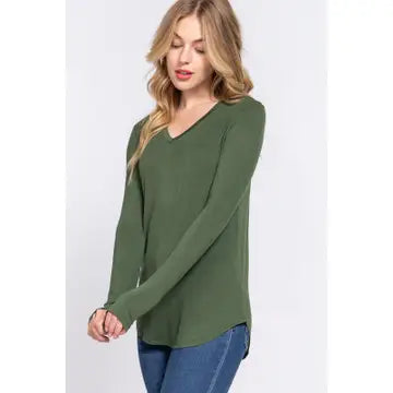 Olive Green Long Sleeve V-Neck Rayon Spandex Jersey Top