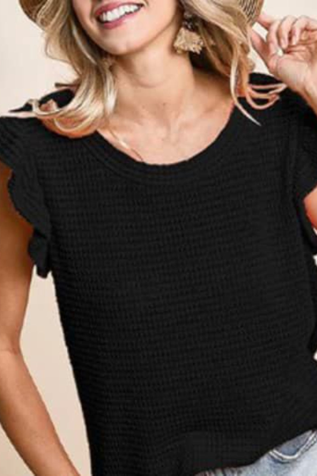 Popcorn Waffle Knit Ruffled Sleeve Top