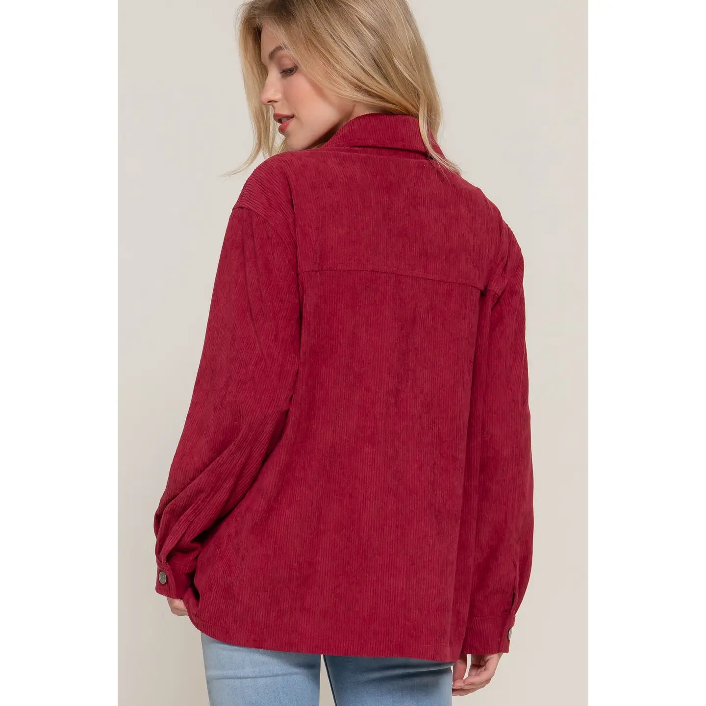 Women's Wine Long Sleeve Front Pocket Button Down Corduroy Jacket