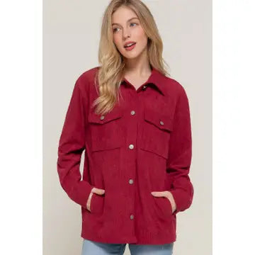 Women's Wine Long Sleeve Front Pocket Button Down Corduroy Jacket