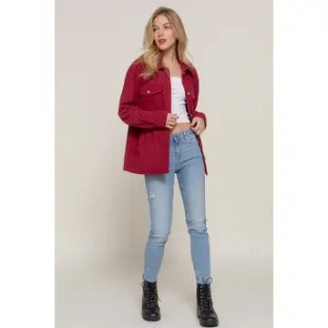 Women's Wine Long Sleeve Front Pocket Button Down Corduroy Jacket