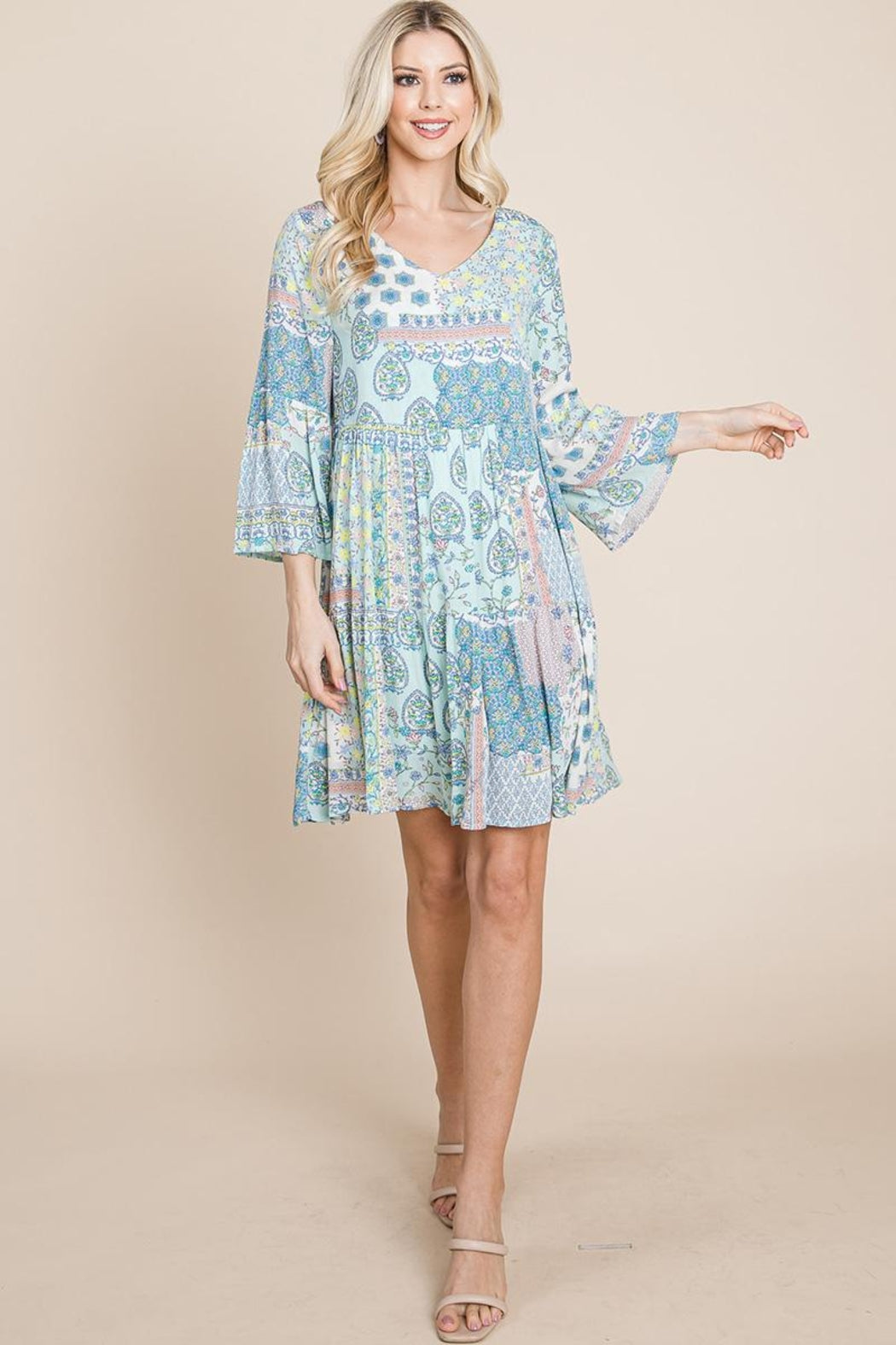 3/4 Sleeve Pleated Floral Flowy Boho Swing Dresses