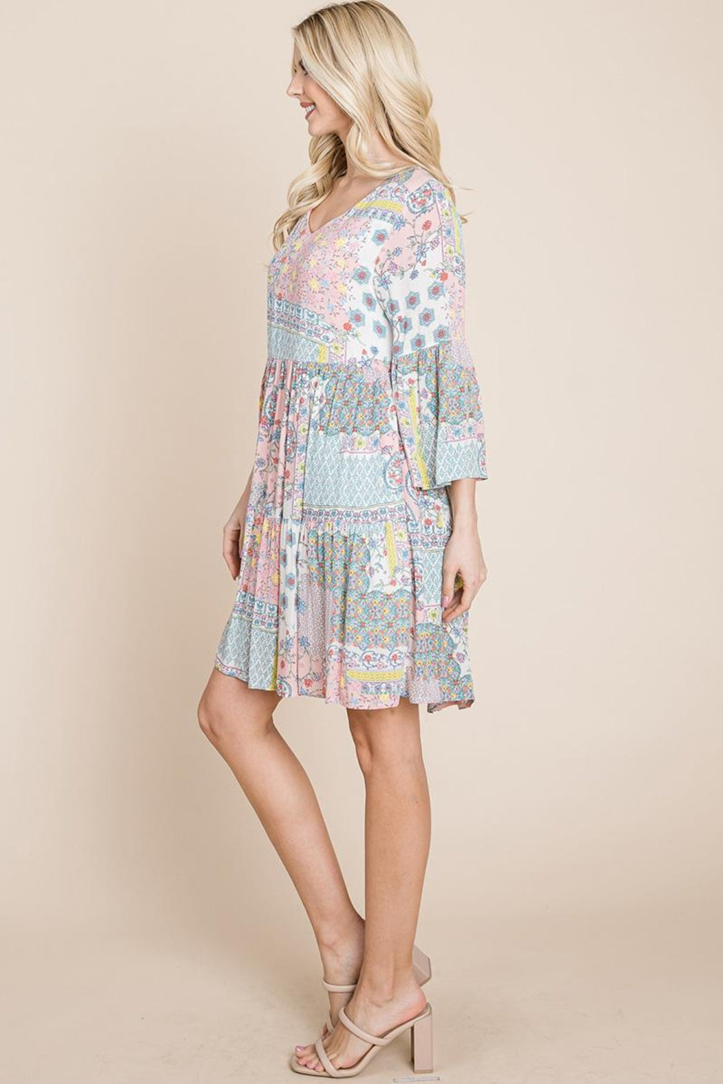3/4 Sleeve Pleated Floral Flowy Boho Swing Dresses