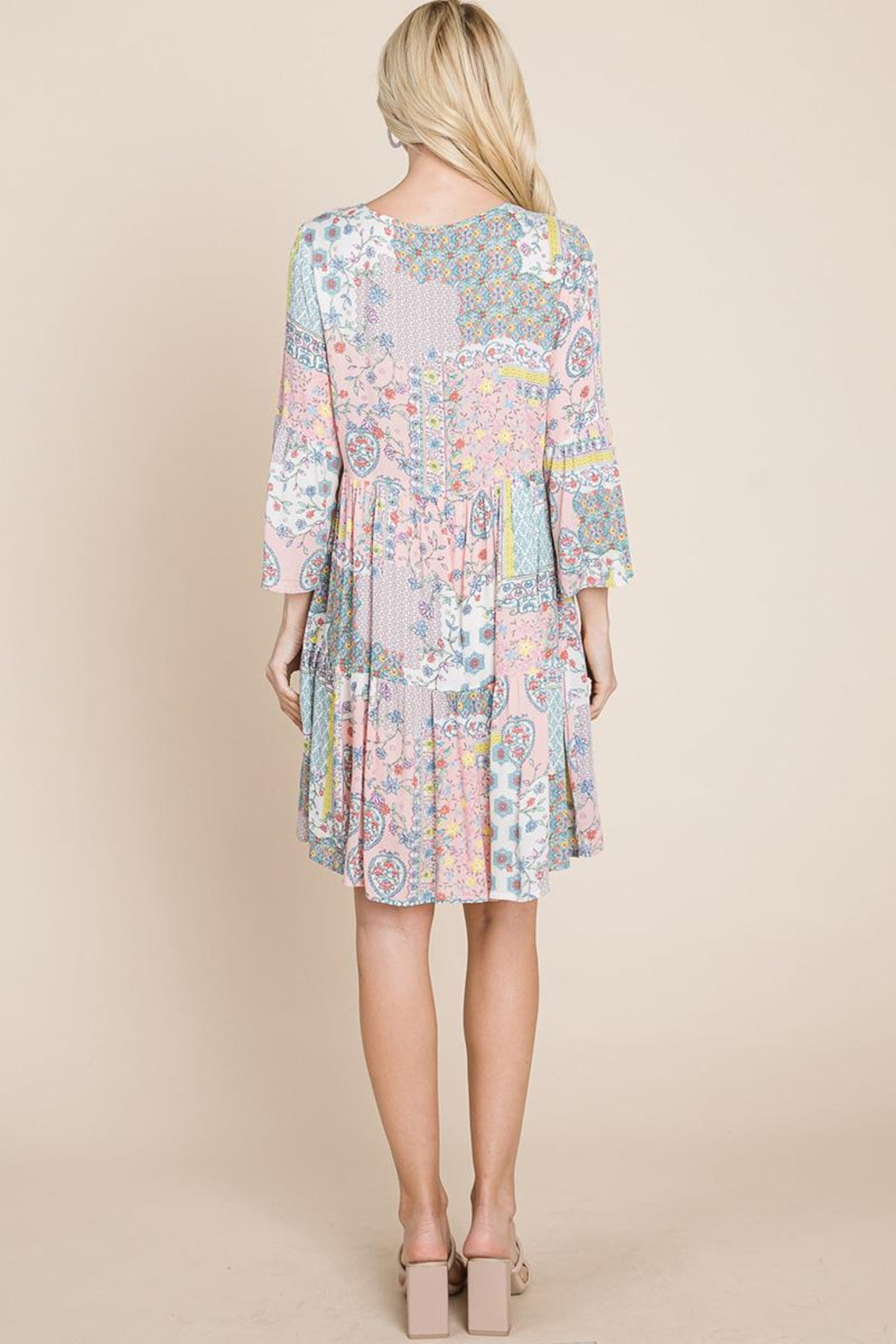 3/4 Sleeve Pleated Floral Flowy Boho Swing Dresses