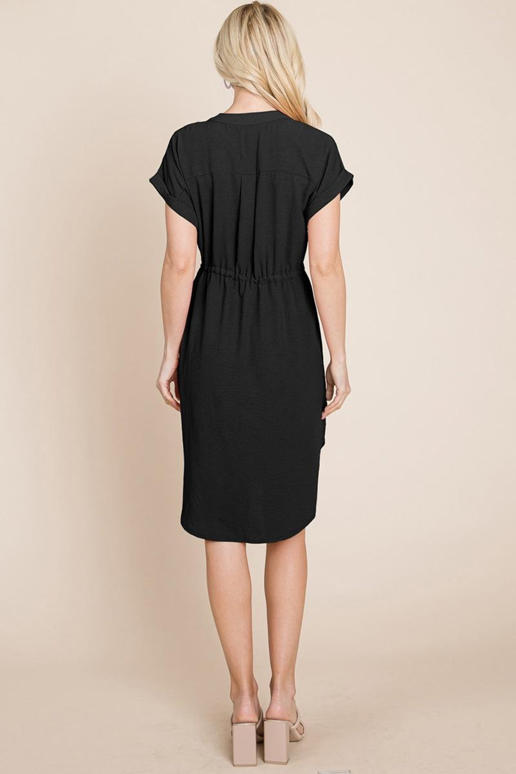 Button Down Solid Drawstring Waist Shirt Dress