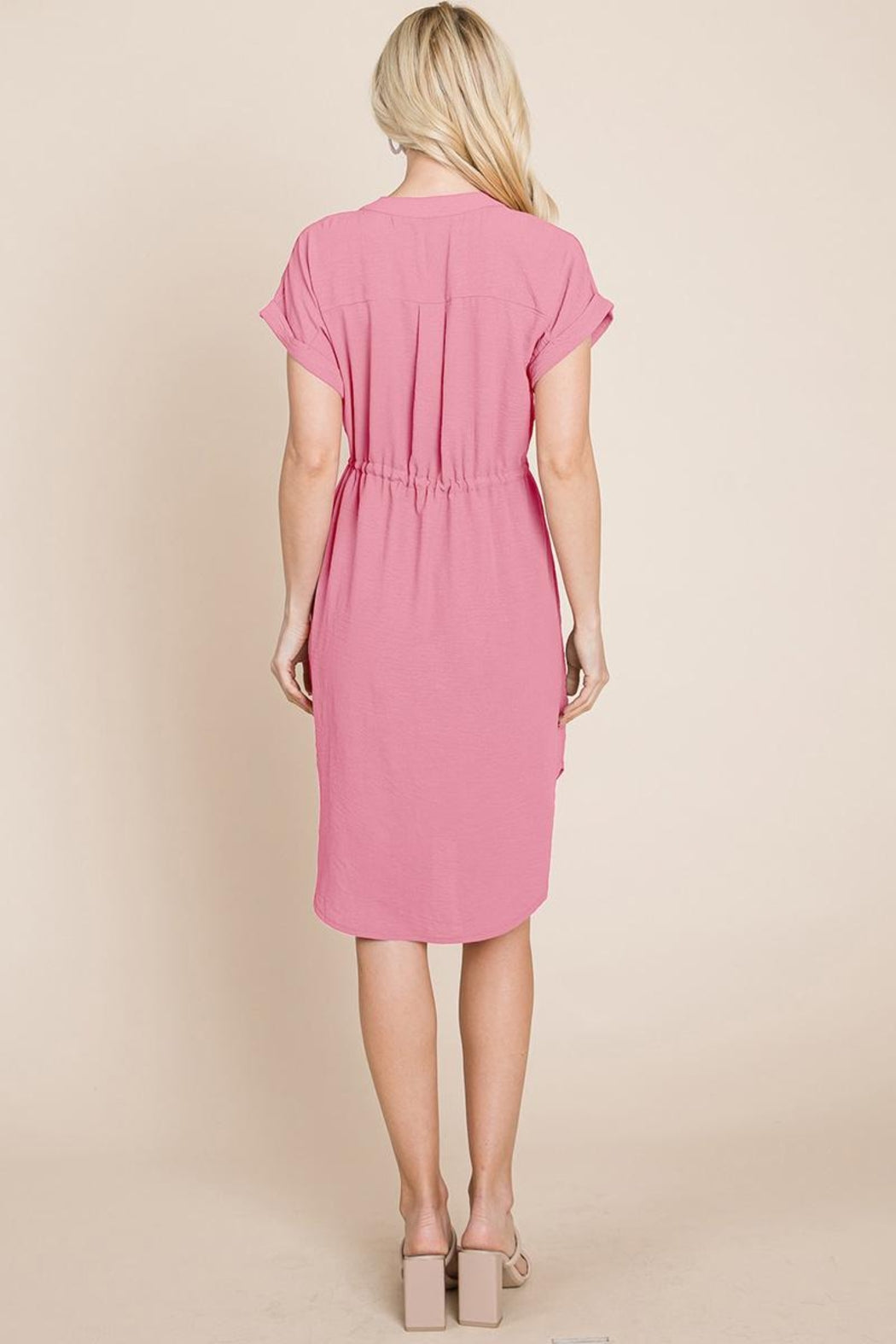 Button Down Solid Drawstring Waist Shirt Dress