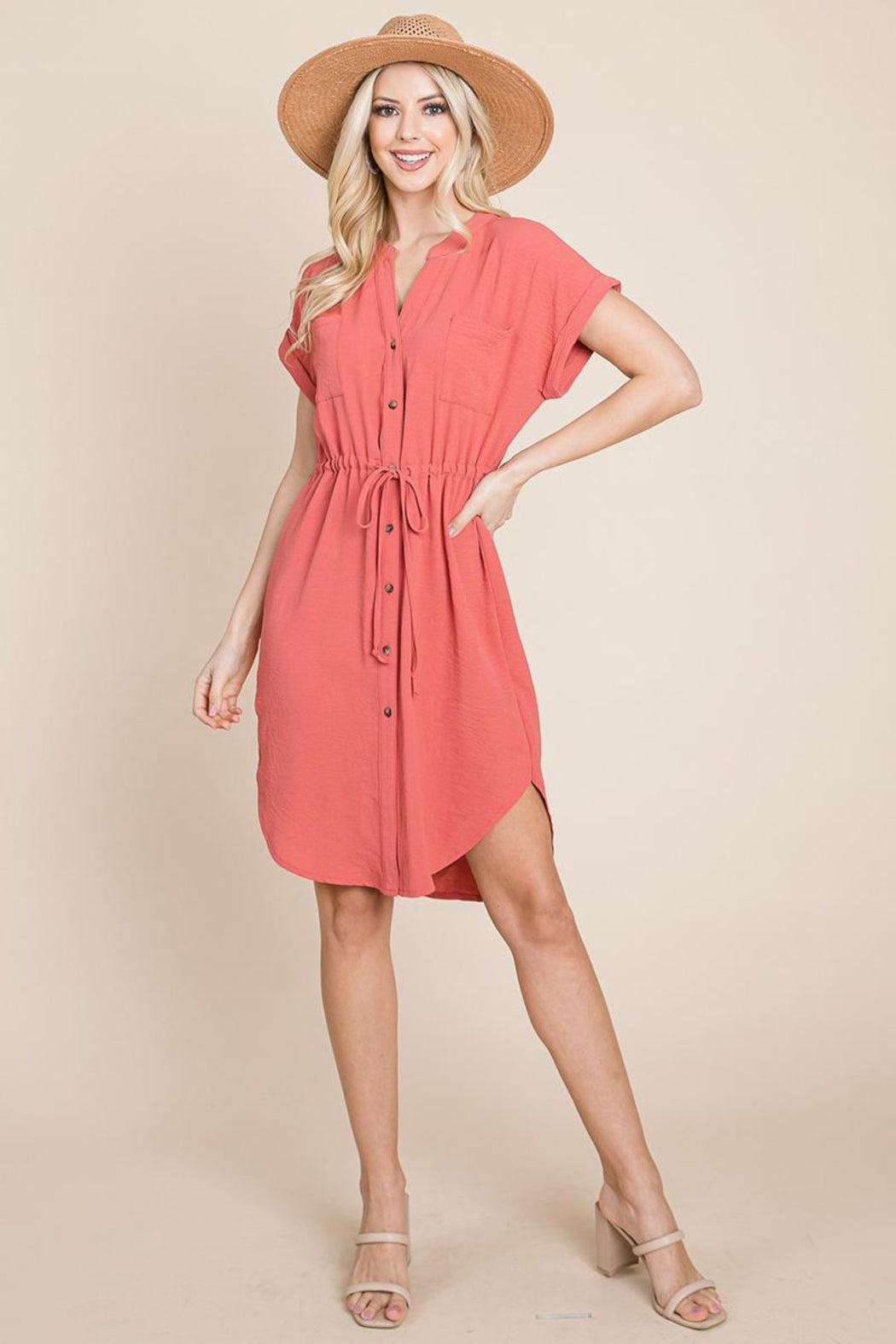 Button Down Solid Drawstring Waist Shirt Dress