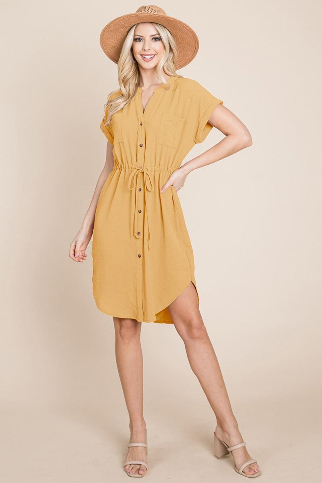 Button Down Solid Drawstring Waist Shirt Dress
