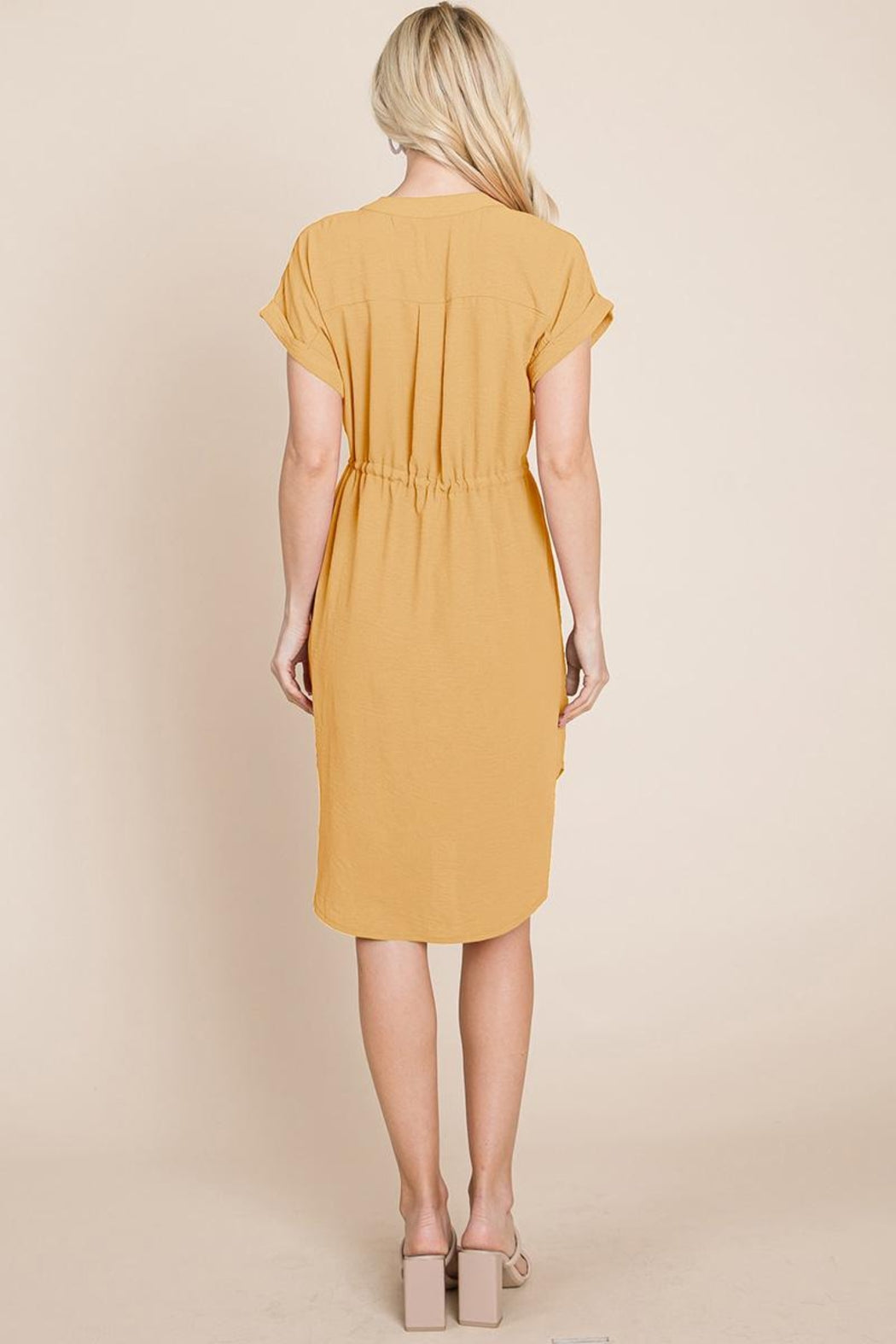 Button Down Solid Drawstring Waist Shirt Dress