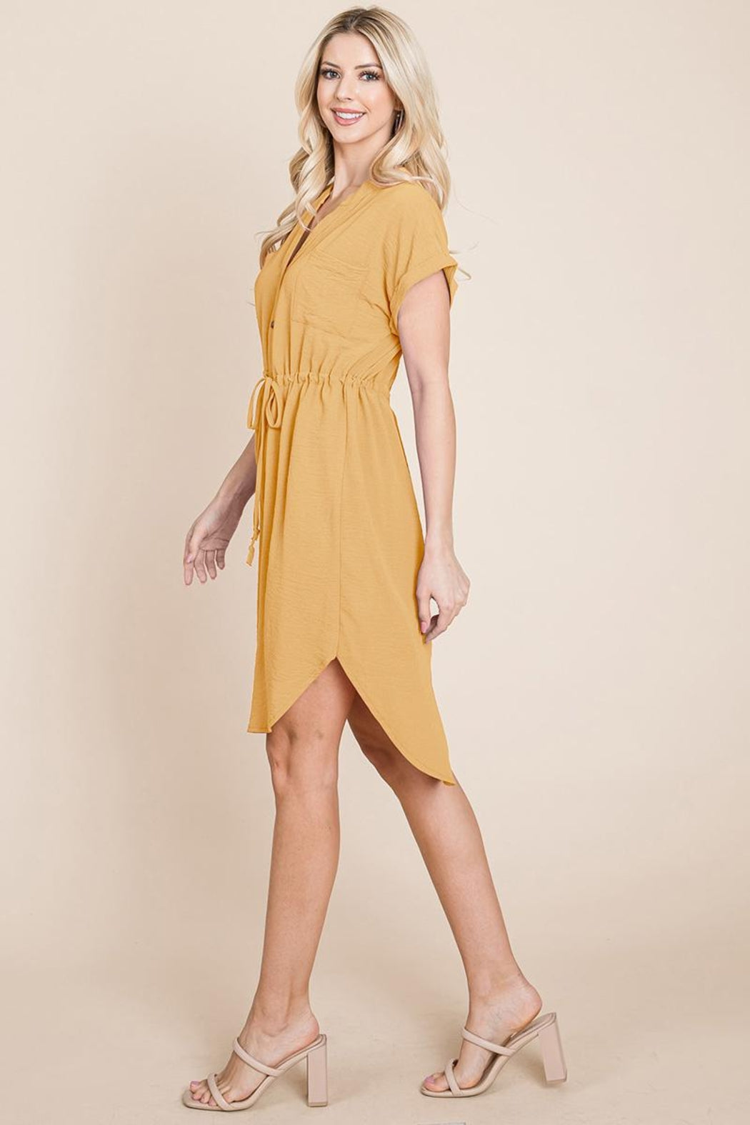 Button Down Solid Drawstring Waist Shirt Dress