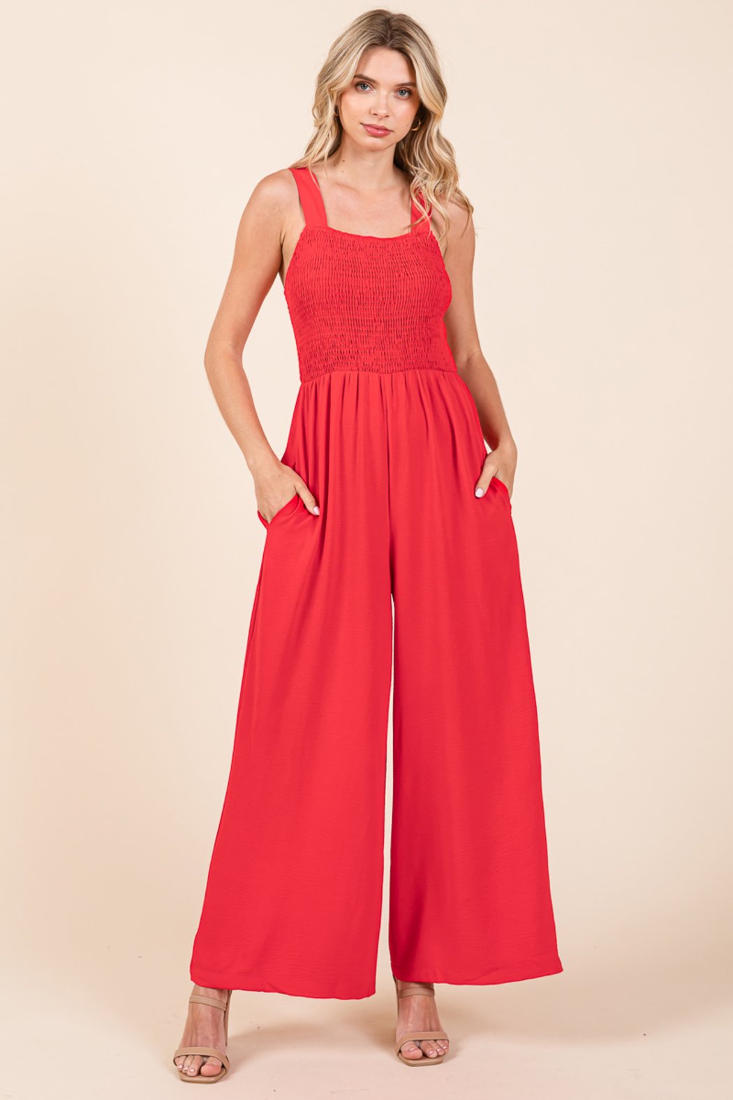 Smocked Strap Wide Leg Pleated Jumpsuit