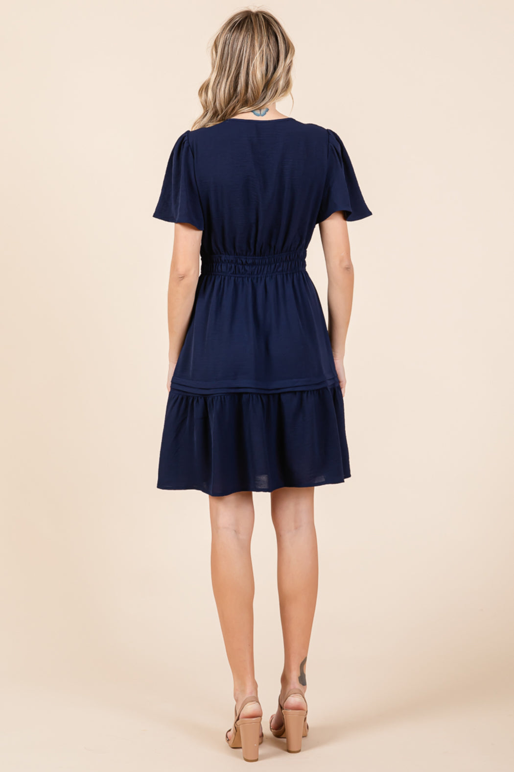 Smocked Waist V Neck Tiered Butterfly Sleeve Dress