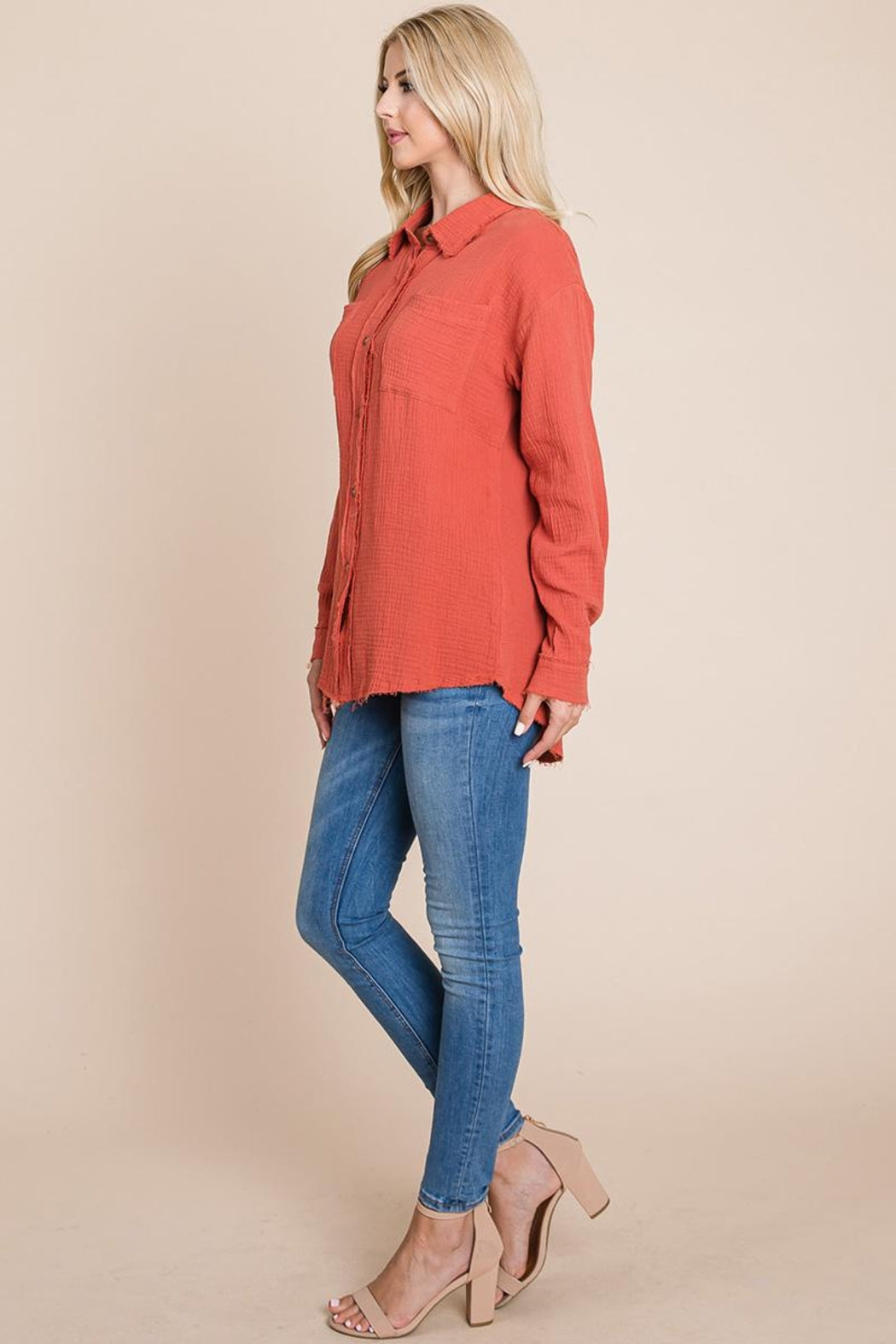 Textured Cotton Raw Edge Gauze Blouse Tops Shirts