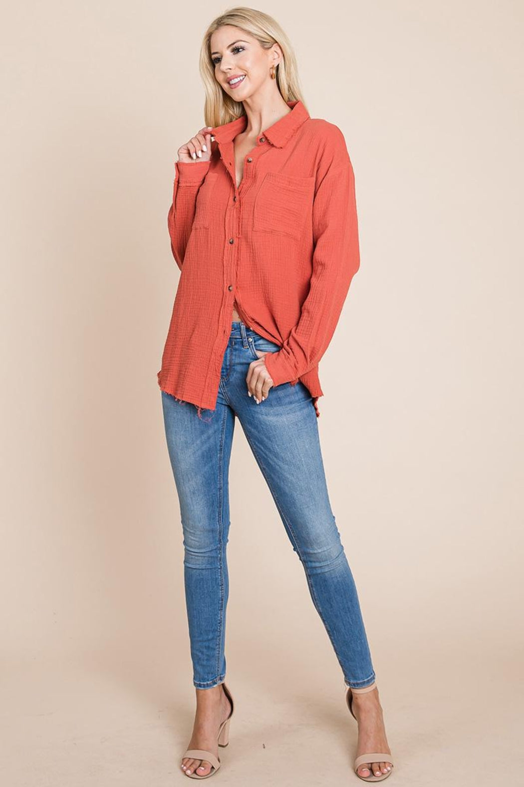 Textured Cotton Raw Edge Gauze Blouse Tops Shirts